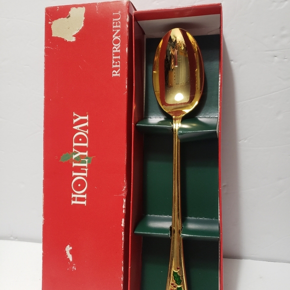 NEW! RETRONEU Holliday 24K Gold Plate Christmas Flatware Stuffing Spoon 13" - Picture 1 of 7